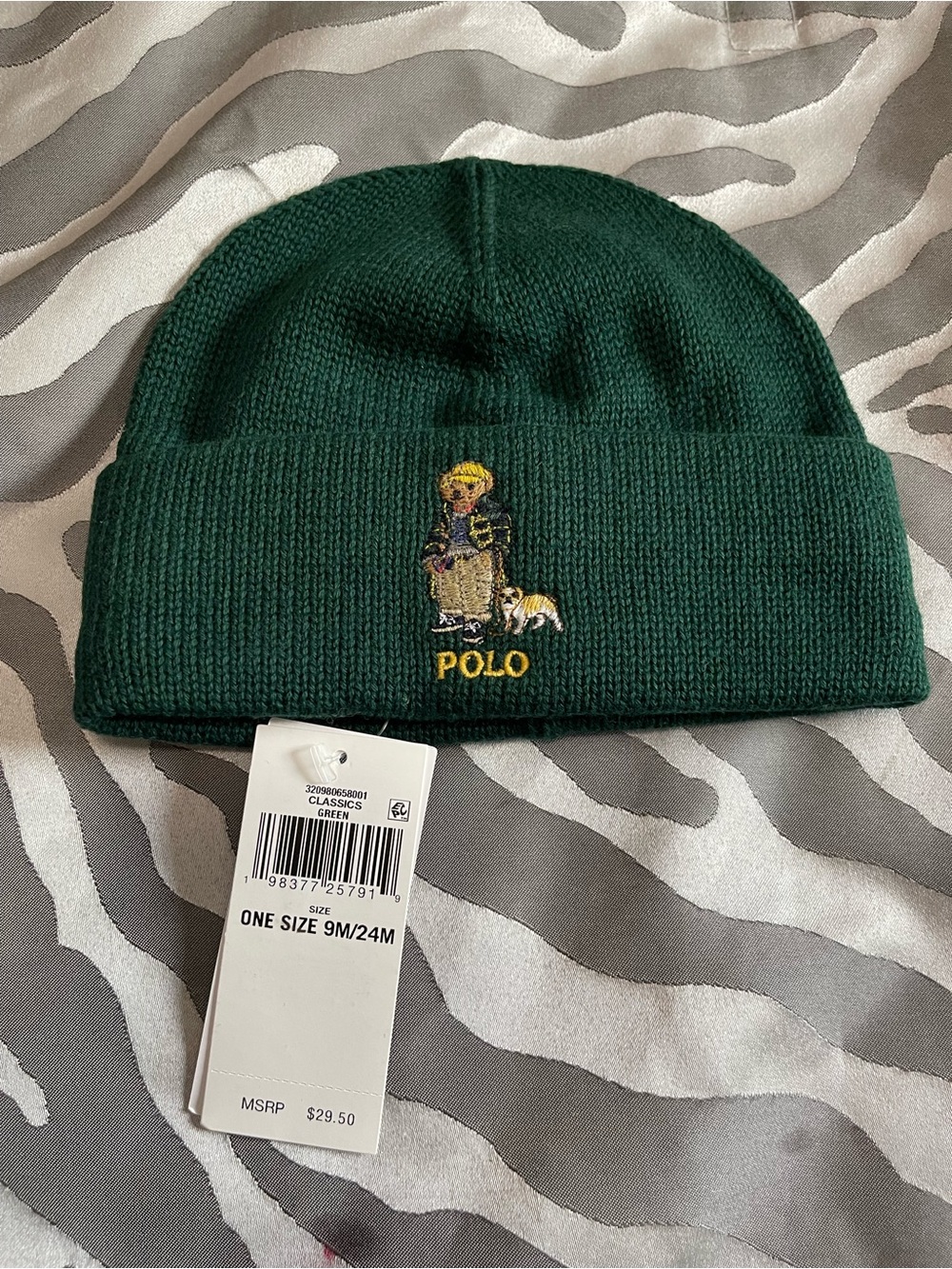Classic Dark Green Knit Beanie with Embroidered Polo Bear